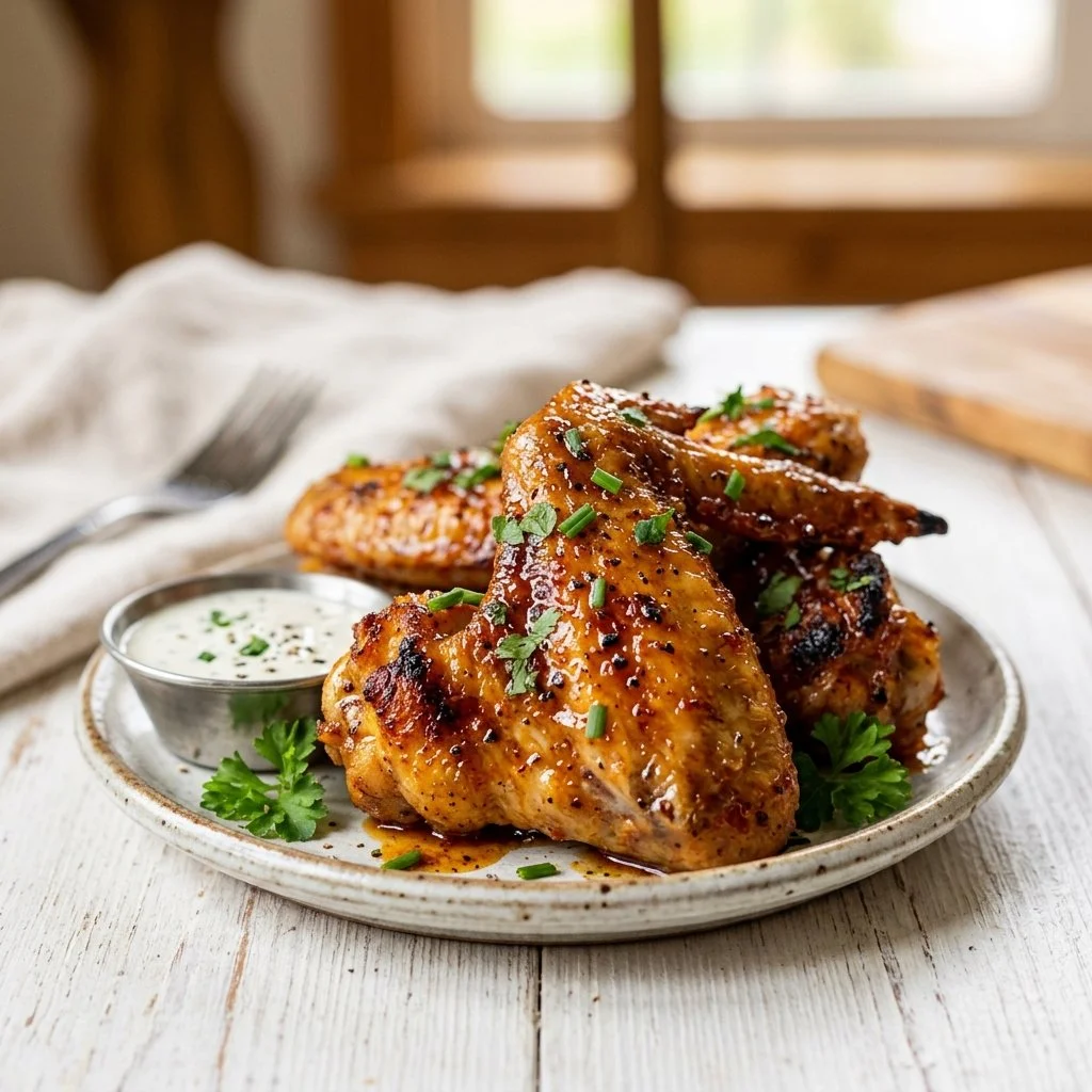 Delicious homemade chicken wings served with dipping sauce