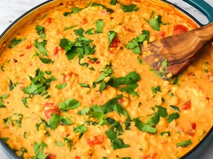 Bowl of chickpea and lentil curry garnished with fresh herbs