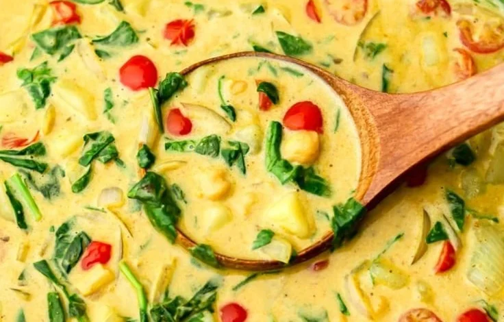 Chickpea and Potato Spinach Curry served in a bowl with fresh herbs