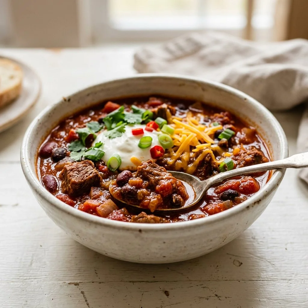 Bowl of homemade chili topped with cheese and cilantro