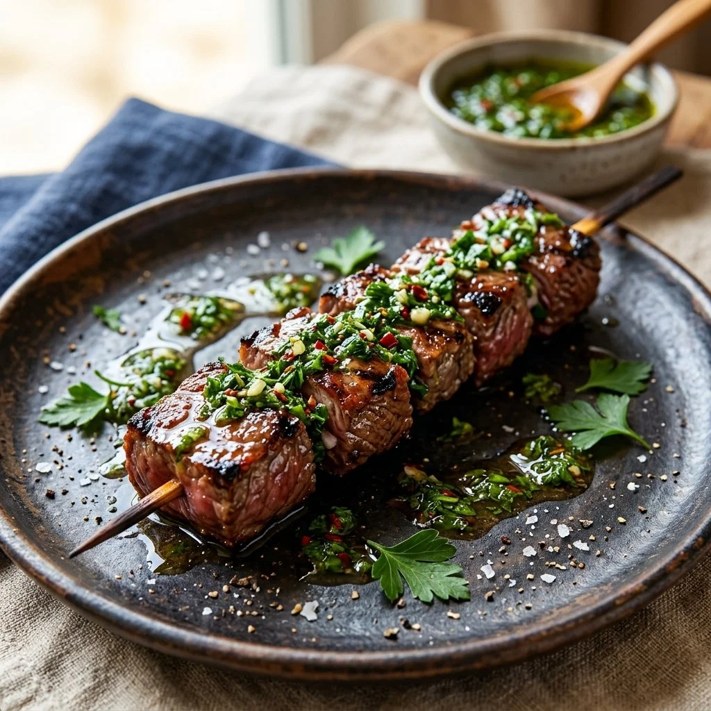 Delicious chimichurri steak skewers grilled on skewers with fresh herbs