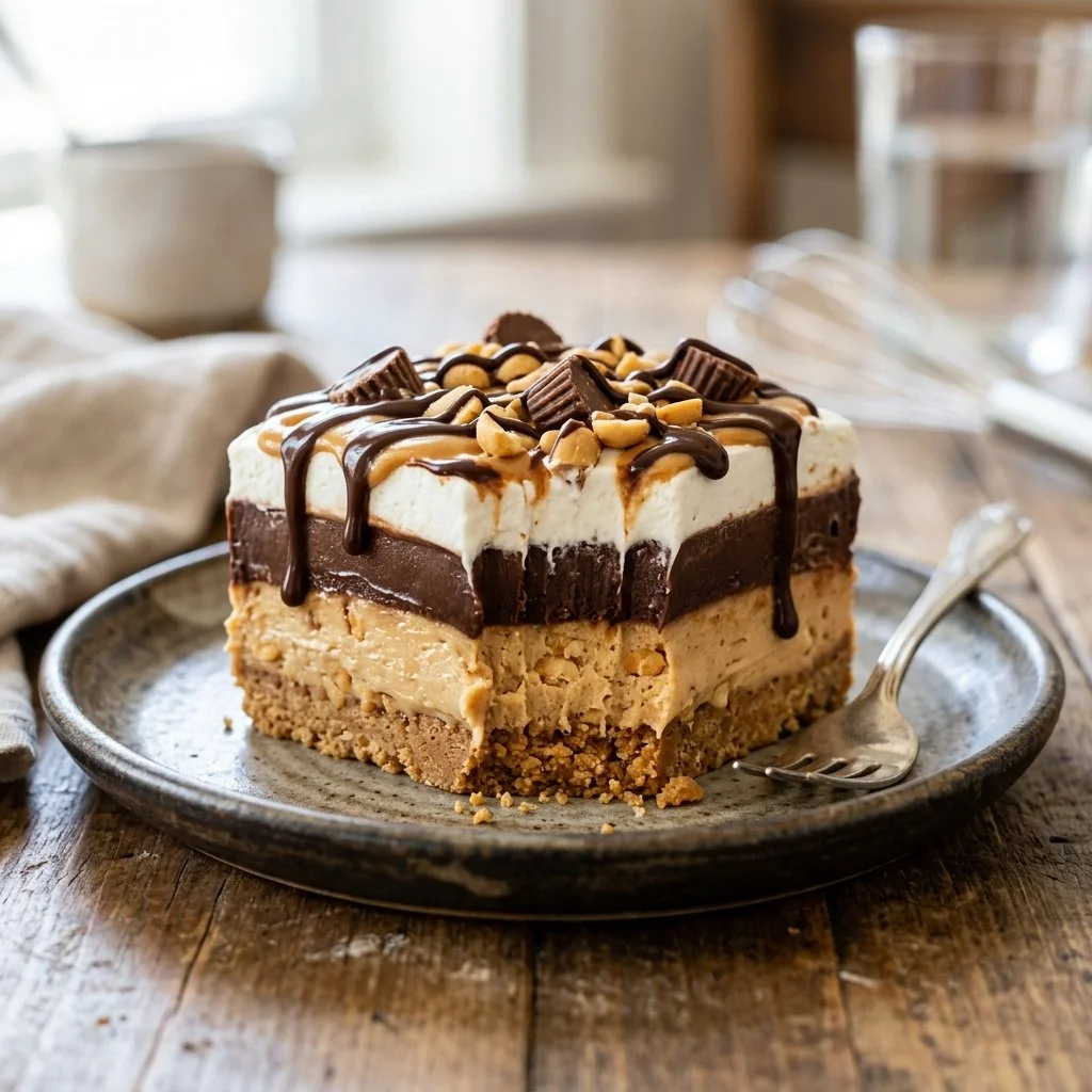 Delicious Chocolate Peanut Butter Lush dessert layered with chocolate and peanut butter