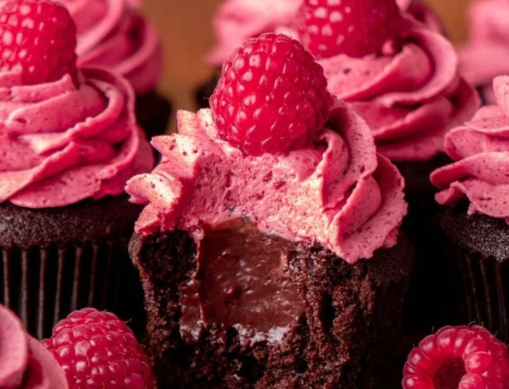 Decadent chocolate raspberry cupcakes topped with creamy frosting.