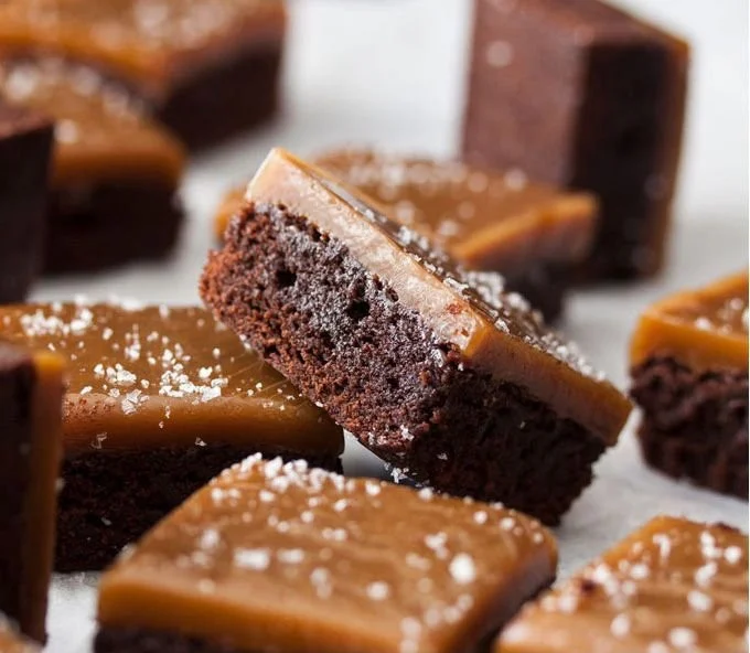 Delicious chocolate salted butterscotch brownies, fresh out of the oven.