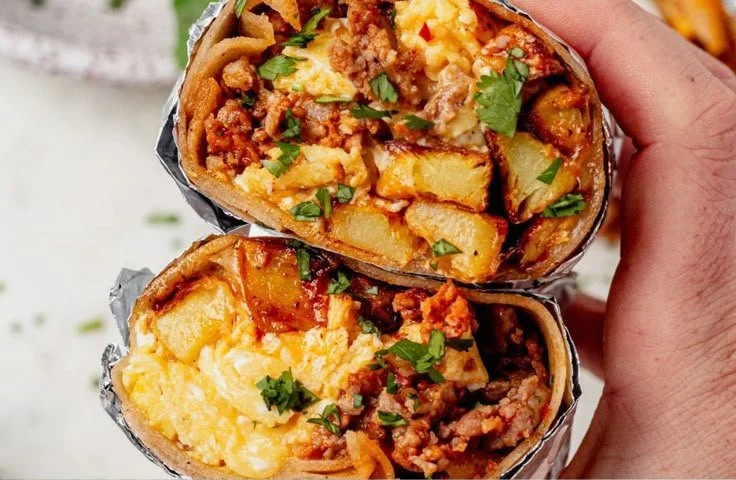 Chorizo Breakfast Burritos filled with eggs, cheese, and spices.
