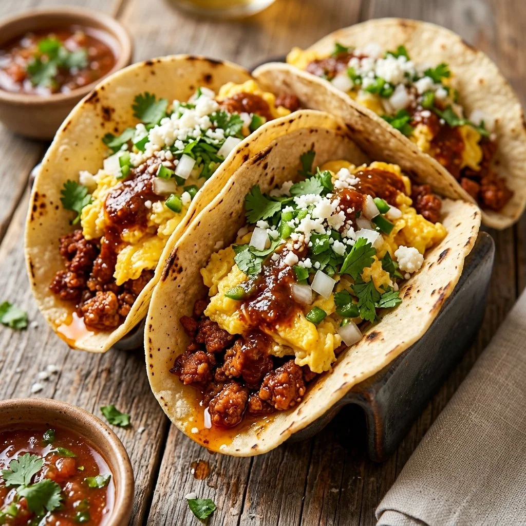 Delicious Chorizo Breakfast Tacos served with egg and fresh toppings