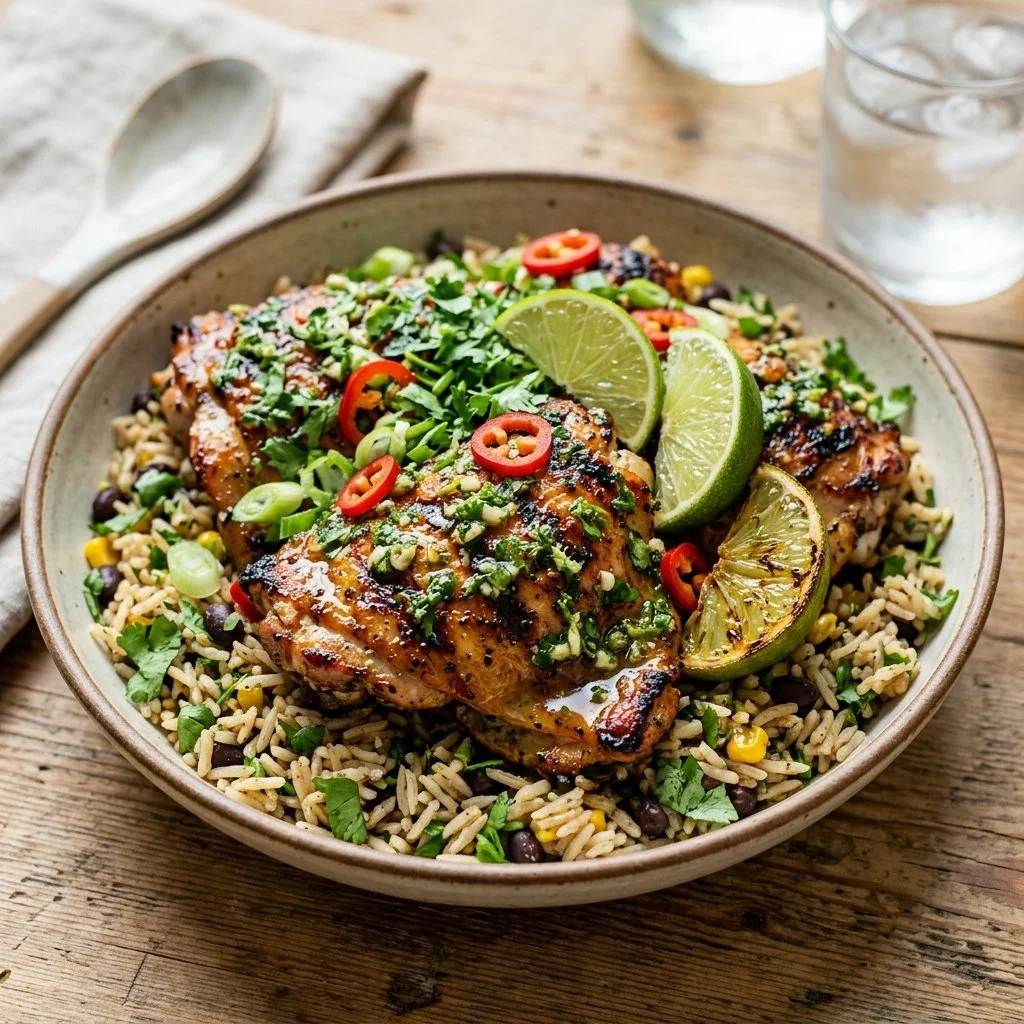 Grilled cilantro lime chicken served with fresh vegetables and lime wedges.