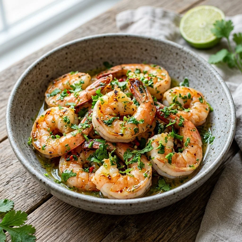 Delicious cilantro lime shrimp served with fresh lime and cilantro garnish
