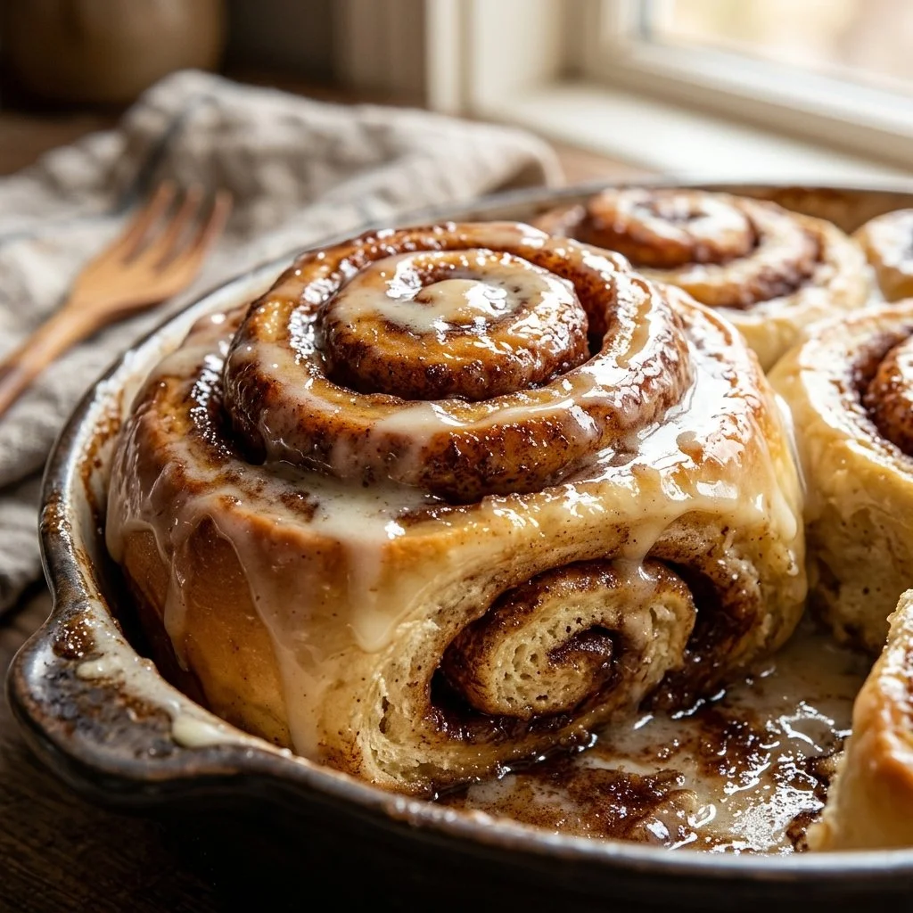 Freshly baked cinnamon rolls with icing on top