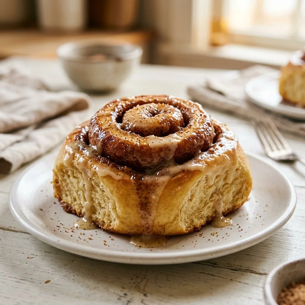 Freshly baked cinnamon rolls drizzled with icing on a white plate