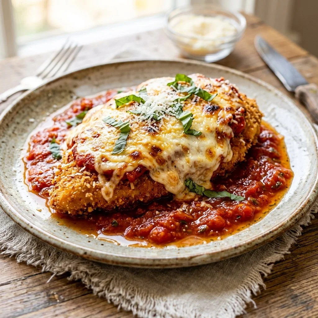 Delicious classic chicken parmesan served with marinara sauce and cheese