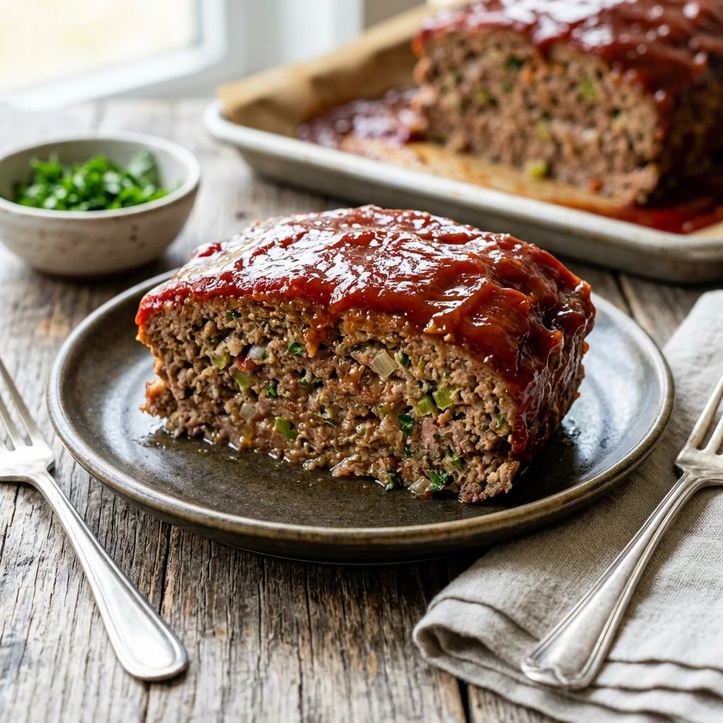Classic meatloaf with glaze served on a plate