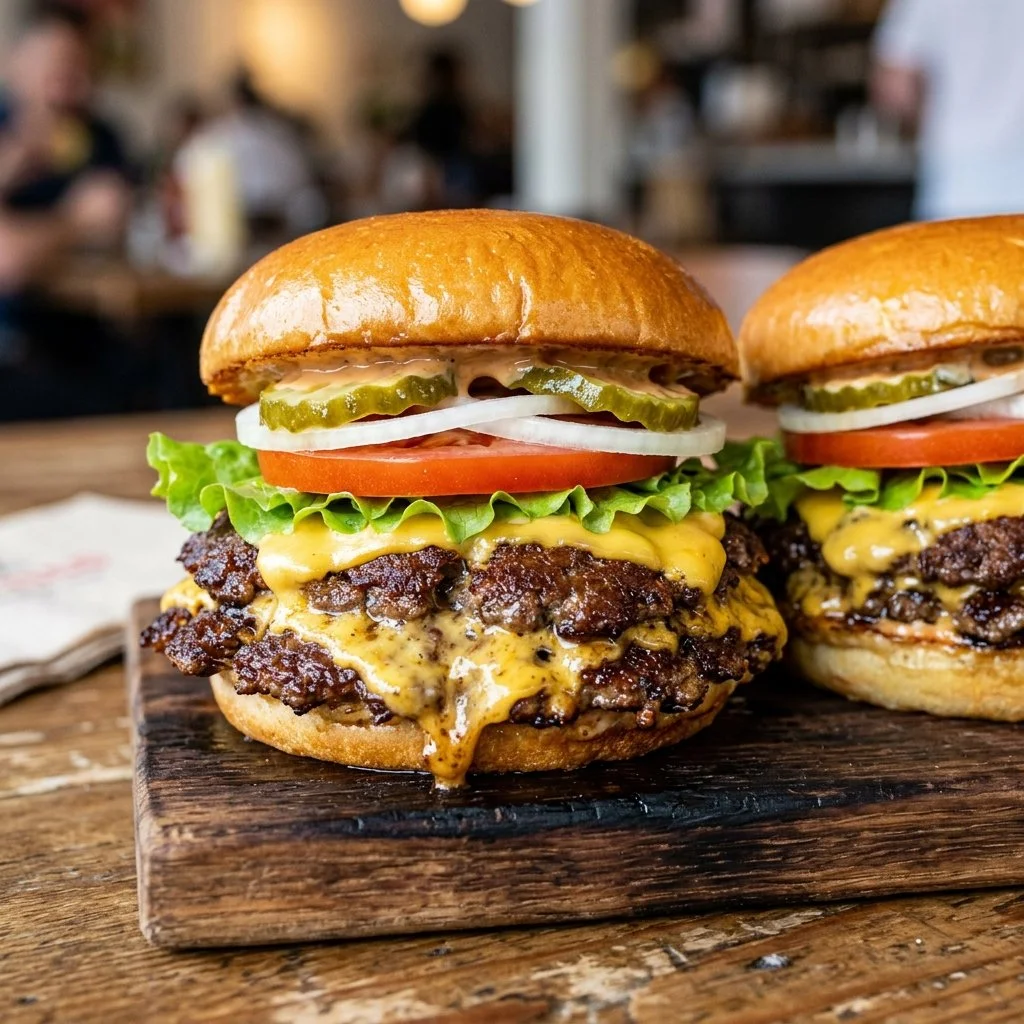 Delicious classic smash burgers grilled to perfection with fresh toppings