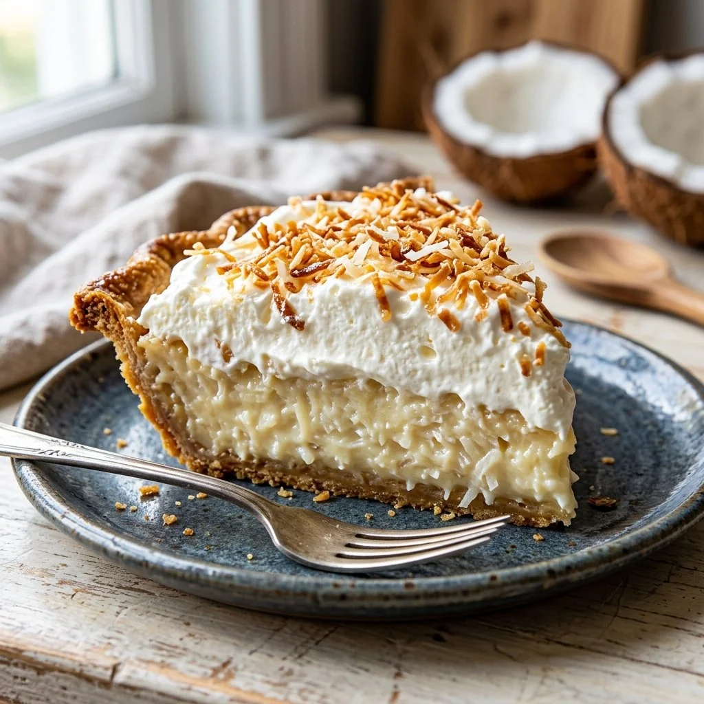 Slice of delicious Coconut Cream Pie with whipped cream and coconut flakes