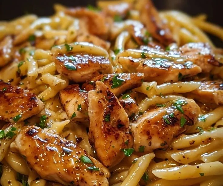 Delicious chicken pasta with smoky garlic butter sauce garnished with herbs