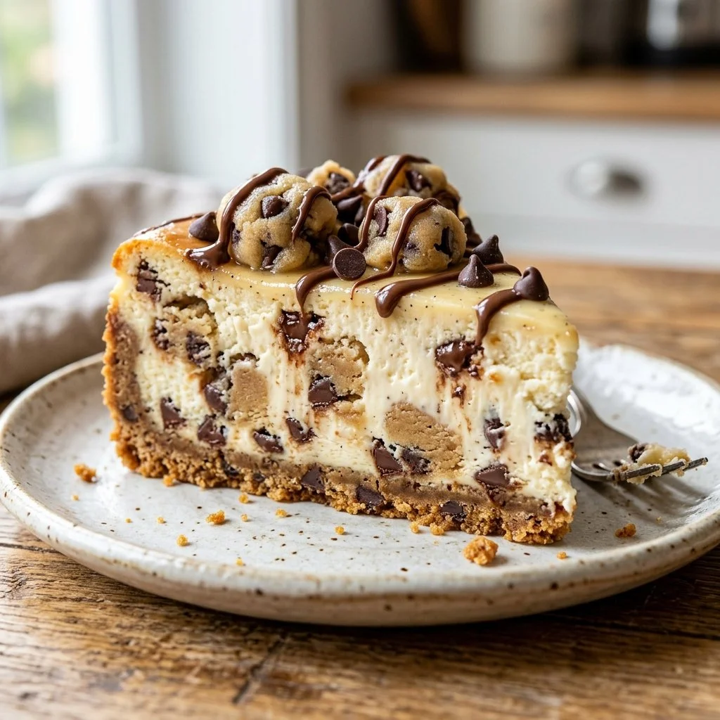 Slice of creamy Cookie Dough Cheesecake with chocolate chip cookie dough topping