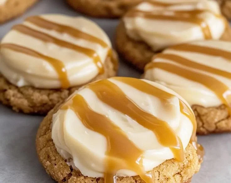 Delicious Crumbl-style salted caramel cheesecake cookies on a plate