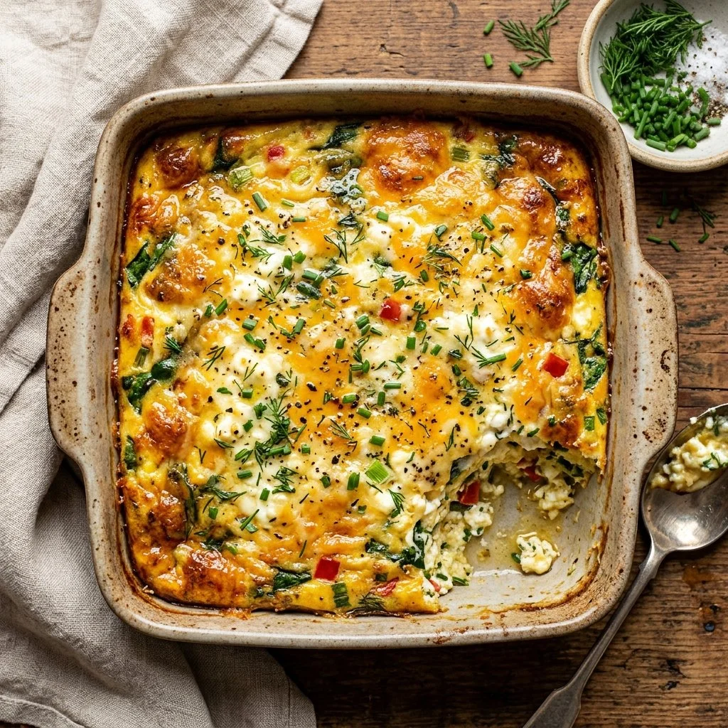 Cottage Cheese Egg Bake served in a dish with fresh herbs and vegetables