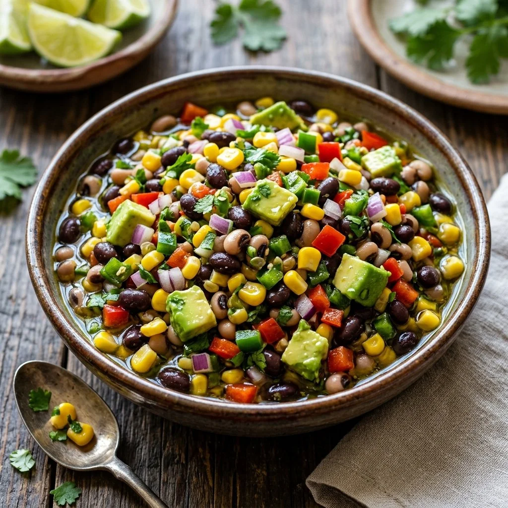Colorful Cowboy Caviar bean salad in a bowl with fresh ingredients