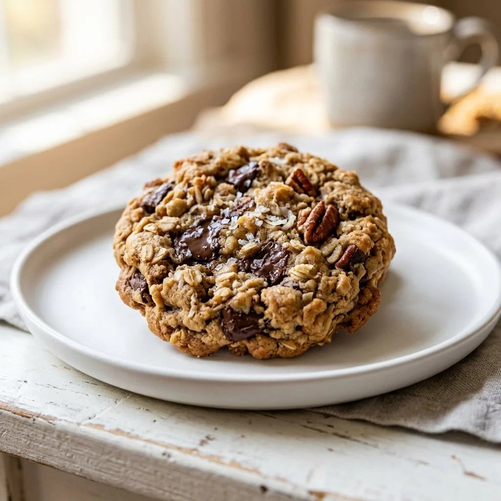 Homemade cowboy cookies with chocolate chips, nuts, and oats on a rustic wooden table