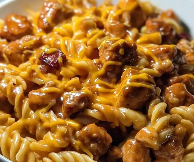 Cozy BBQ Ranch Chicken Sausage Pasta dish topped with herbs and cheese