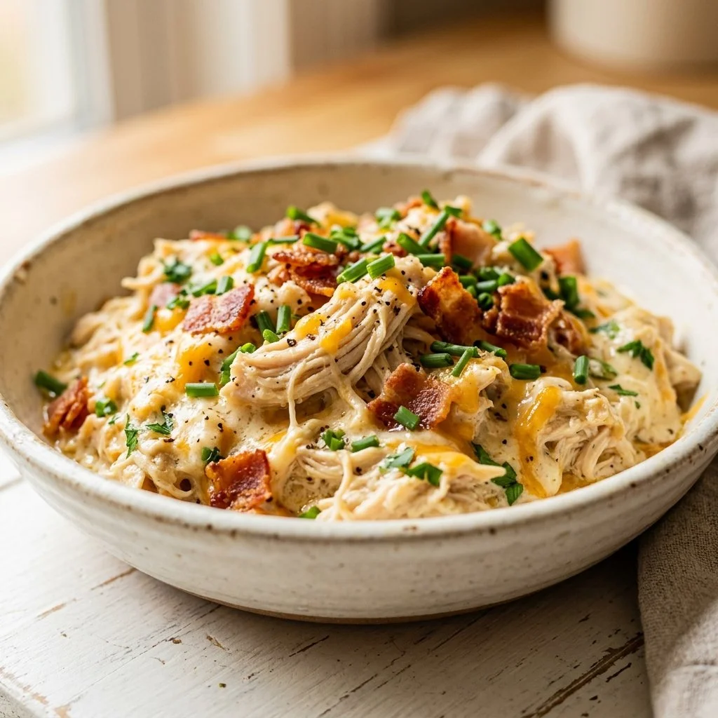 Delicious Crack Chicken cooked with creamy sauce and herbs.