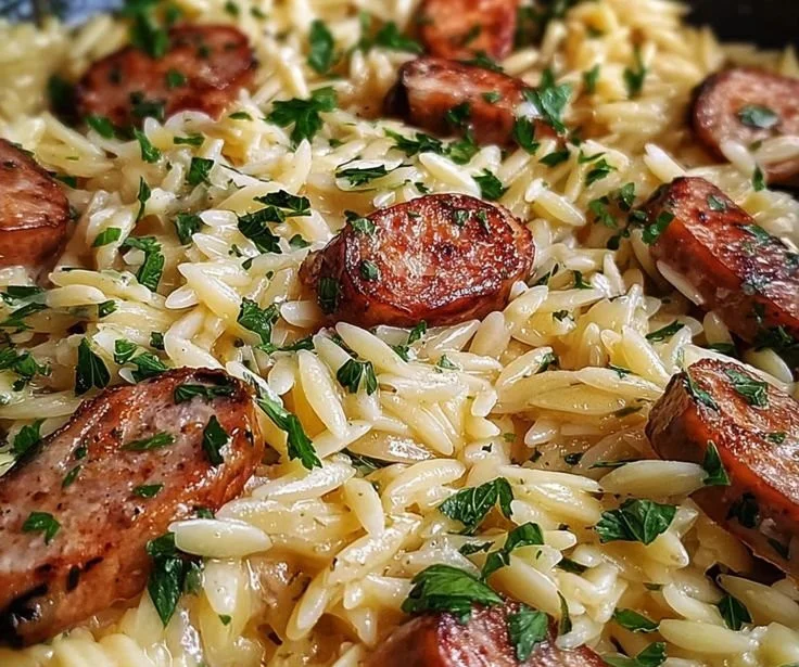 Creamy garlic butter sausage orzo dish served in a bowl