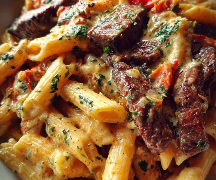 Creamy garlic butter steak penne pasta with pepper jack cheese