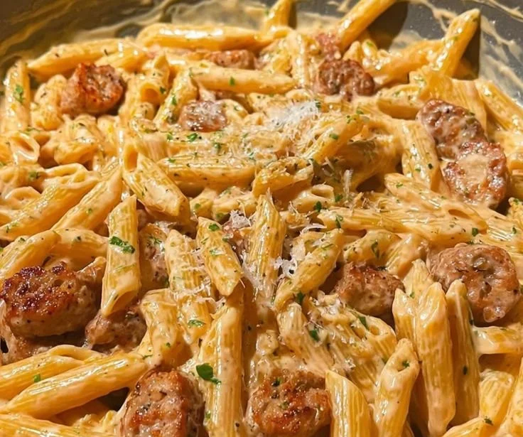 Creamy honey garlic sausage pasta in a bowl topped with herbs.