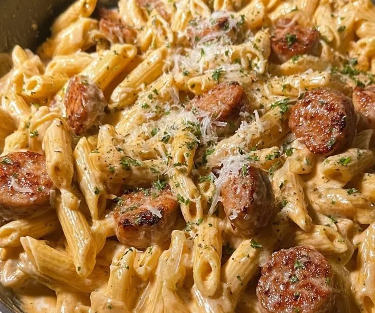 Creamy honey garlic sausage pasta served in a bowl, perfect for dinner.