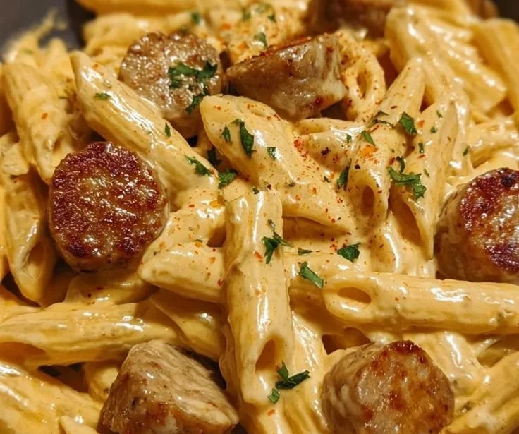 Creamy Cajun garlic butter sausage pasta dish served in a bowl