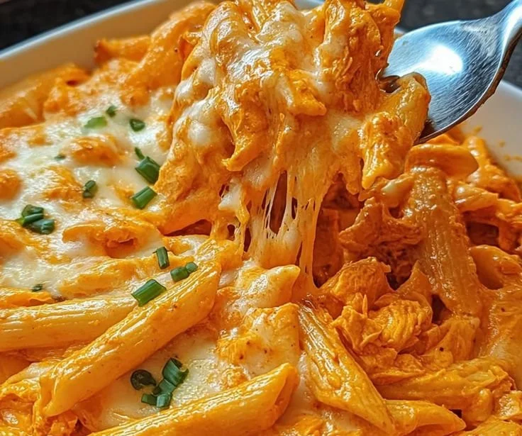 Creamy Buffalo Chicken Pasta Bake dish with toppings ready in 30 minutes
