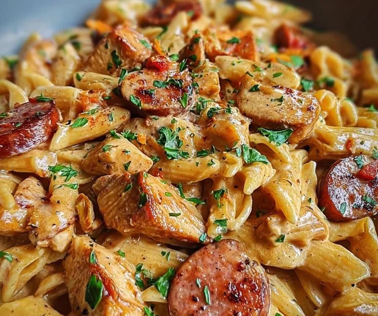 Delicious creamy Cajun chicken pasta with sausage topped with herbs.