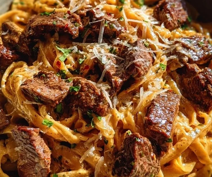 Creamy Cajun honey garlic steak pasta dish prepared in one pan.