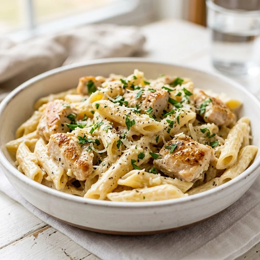 Creamy chicken pasta dish with herbs and vegetables