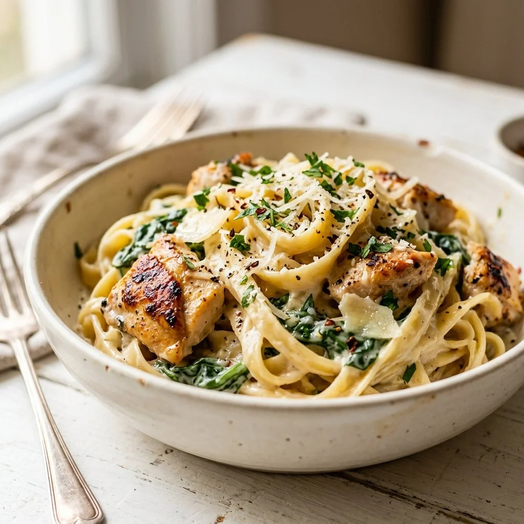 Creamy chicken pasta dish with herbs and cheese