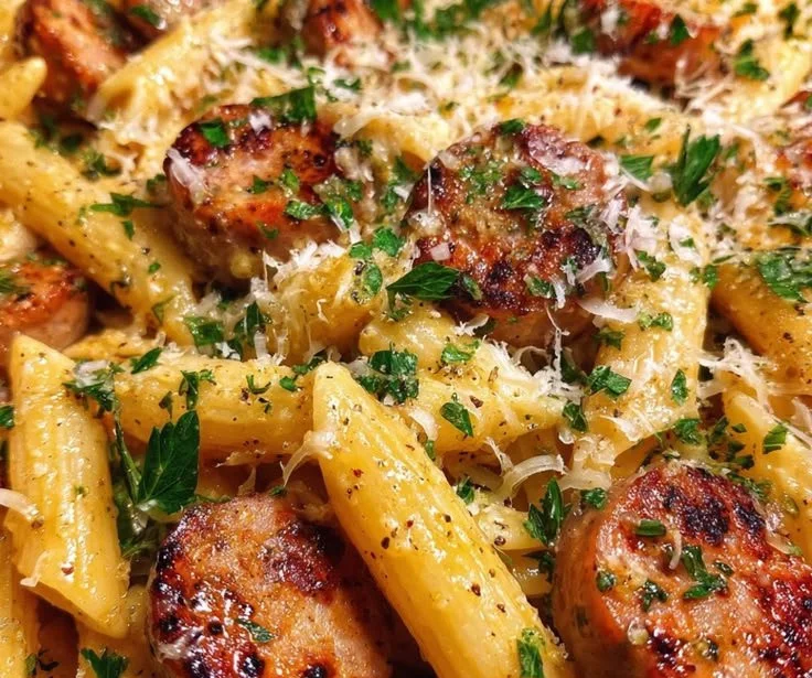 Creamy garlic butter Cajun Parmesan sausage pasta in cheese sauce