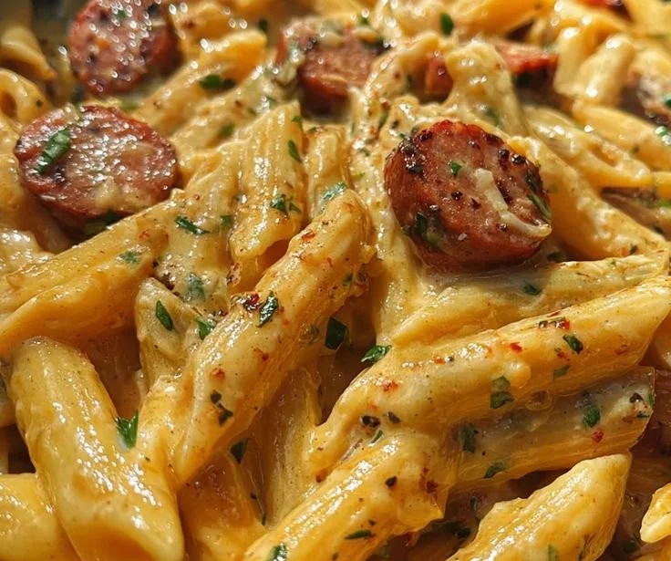 Creamy garlic butter Cajun sausage penne served in a bowl ready to eat