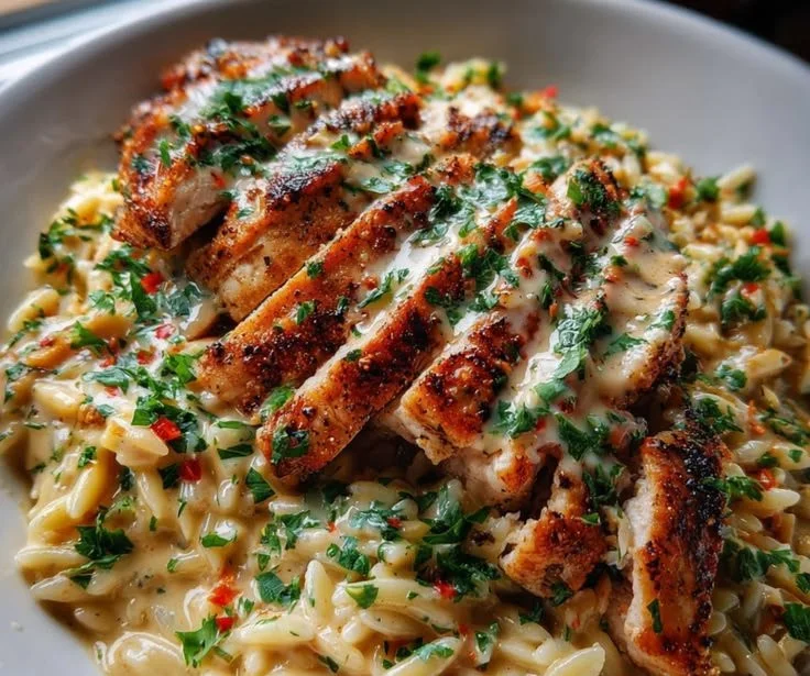 Creamy garlic butter chicken with pepper jack orzo for family comfort meal
