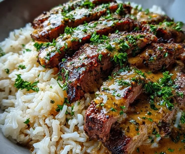 Creamy garlic butter steak with rice and flavorful pan sauce in a serving dish.