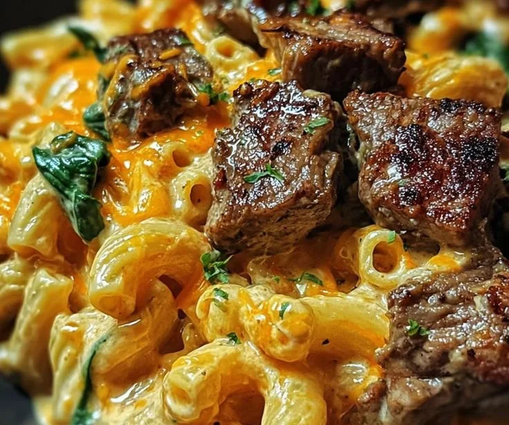 Creamy honey buffalo steak pasta bake with cheese and pasta on a plate