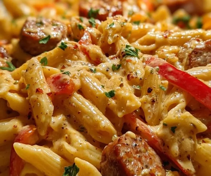 Creamy pepper jack Cajun sausage pasta dish served in a bowl