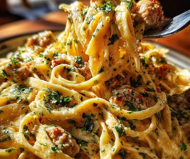 Creamy Pepper Jack Sausage Alfredo dish served in a bowl