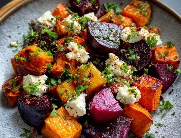 Creamy roasted beet and sweet potato salad topped with feta cheese