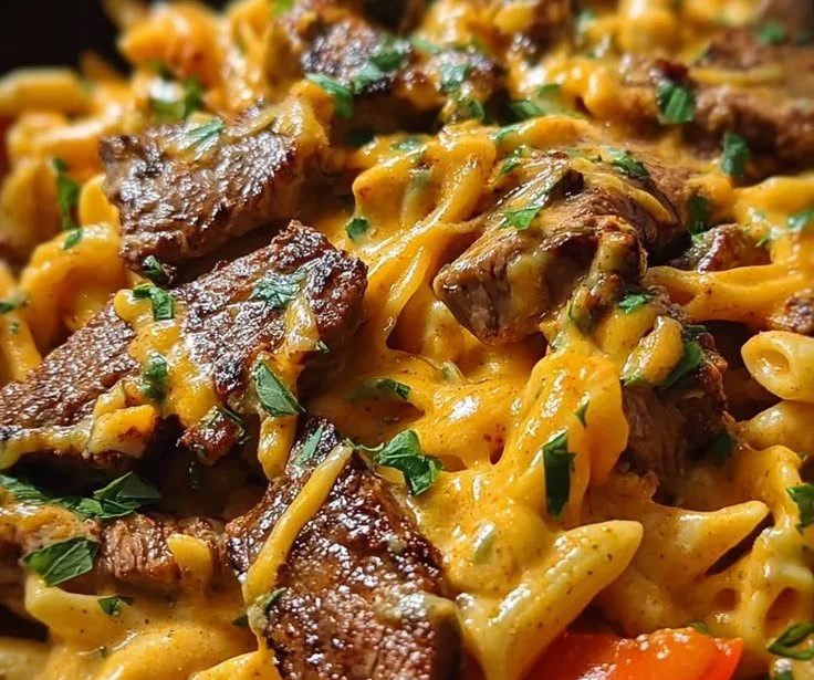Creamy skillet pasta with Cajun steak and shredded cheddar cheese in a pan