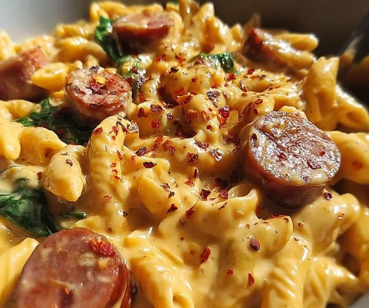 Creamy smoked gouda sausage pasta served in a bowl, garnished with herbs.