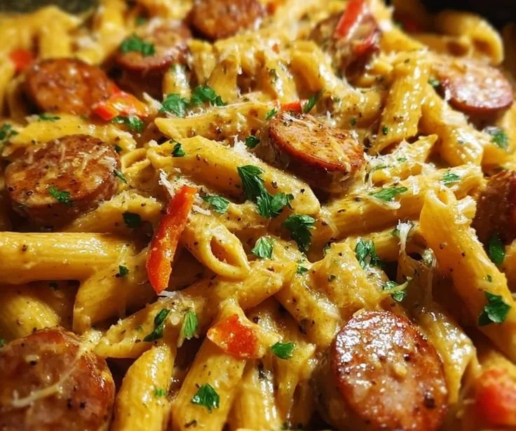 Creamy Smoky Cajun Sausage Penne served in a bowl, garnished with herbs.