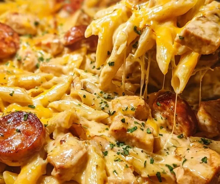 Creamy smoky ranch chicken and sausage pasta skillet dish served in a bowl
