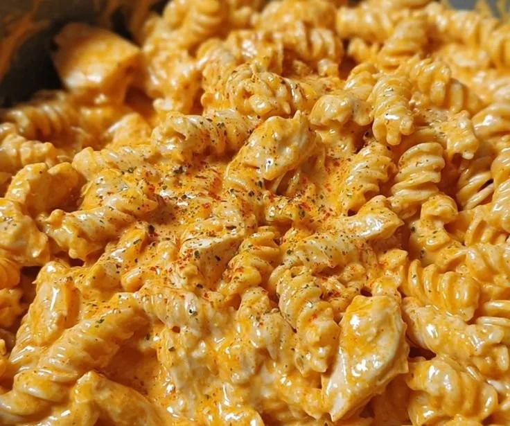 Creamy spicy buffalo chicken pasta dish served in a bowl