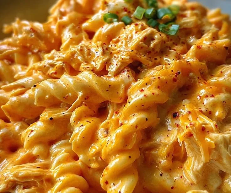 Creamy spicy Buffalo Ranch Pasta plated for a delicious comfort food experience.